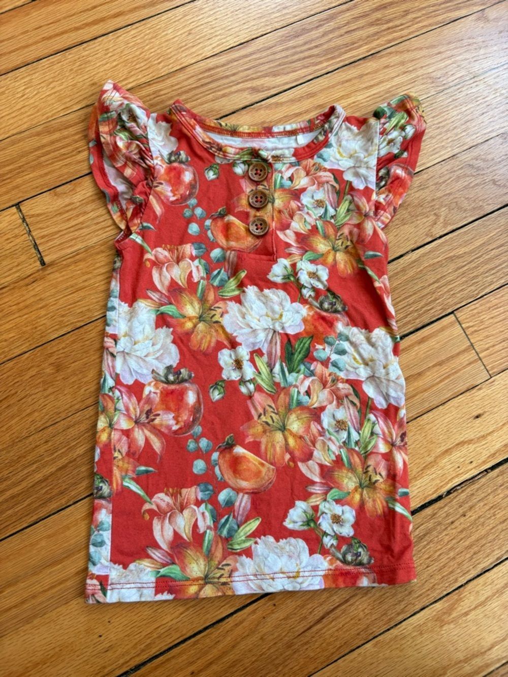Posh Peanut Red Floral Hawaiian Short Sleeve Top with Wooden Buttons